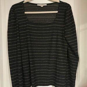 LOFT square neckline black and gold tinsel stripe top puff shoulder sleeve sz L